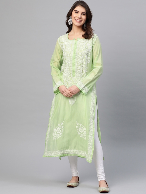 

ADA Women Green & White Chikankari Embroidered Straight Kurta