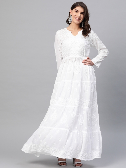 

ADA Women White Muslin Chikankari Embroidered Tiered Anarkali Sustainable Kurta