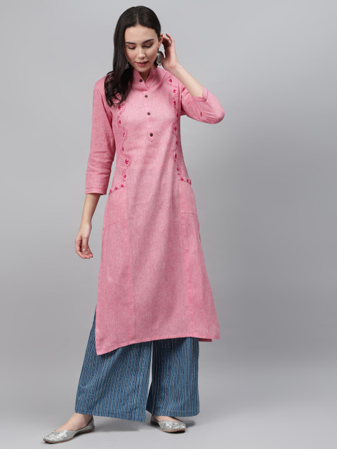 

Vasudha Women Pink & Blue Embroidered Detail Pure Cotton Kurta with Palazzos