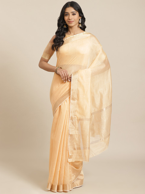 

Mitera Beige & Golden Solid Liva Maheshwari Saree