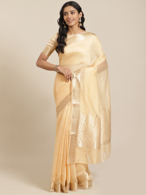 

Mitera Beige & Golden Solid Liva Maheshwari Saree