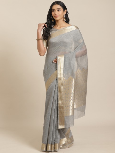 

Mitera Grey & Golden Solid Liva Maheshwari Saree