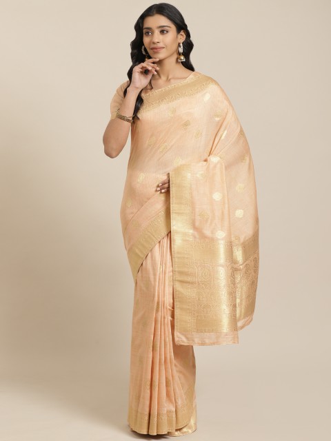 

Mitera Peach-Coloured & Golden Liva Woven Design Maheshwari Saree