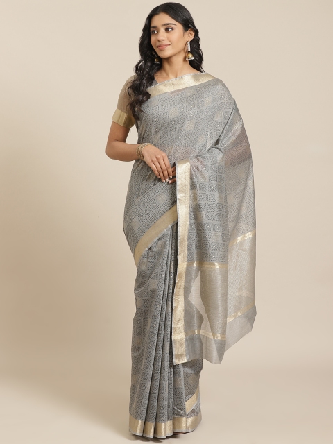 

Mitera Grey & Black Liva Geometric Printed Maheshwari Saree
