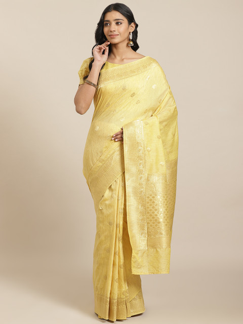 

Mitera Mustard Yellow & Golden Liva Woven Design Maheshwari Saree