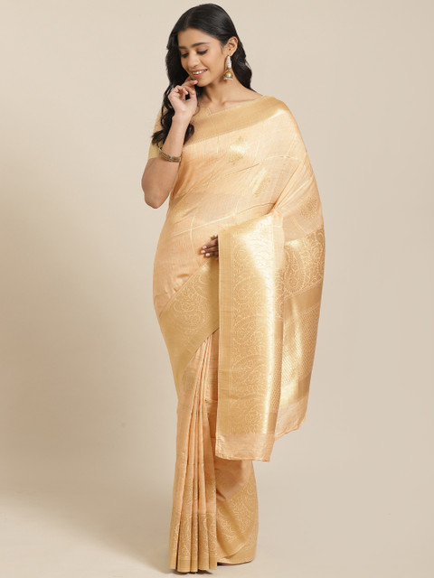 

Mitera Peach-Coloured Golden Woven Design Maheshwari Liva Saree