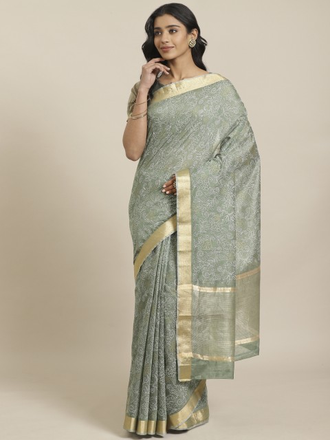 

Mitera Green Golden Floral Printed Maheshwari Liva Saree