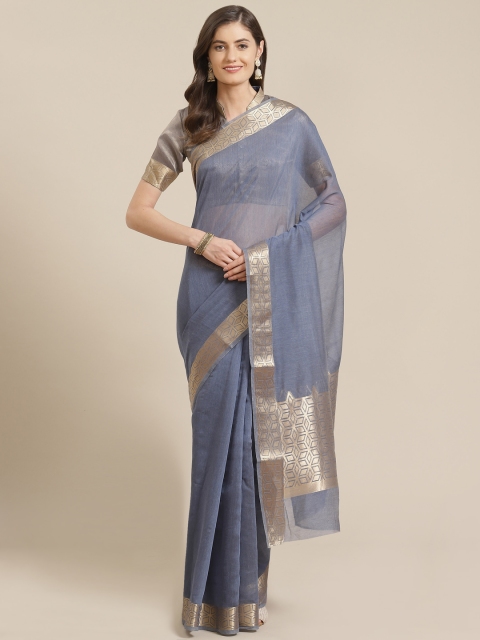 

Mitera Blue & Golden Solid Liva Maheshwari Saree