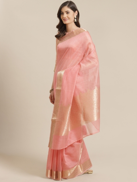 

Mitera Pink & Golden Solid Liva Maheshwari Saree