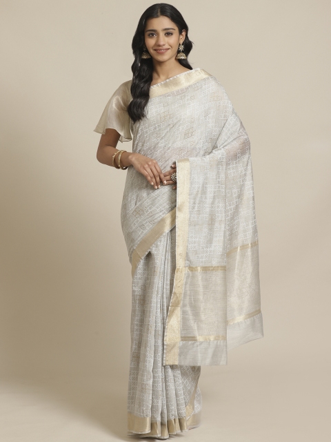 

Mitera Grey White Geometric Printed Maheshwari Liva Saree