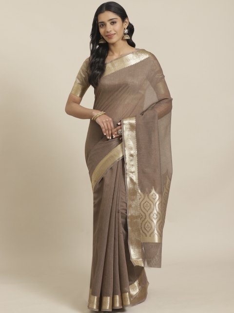 

Mitera Brown Golden Solid Maheshwari Liva Saree