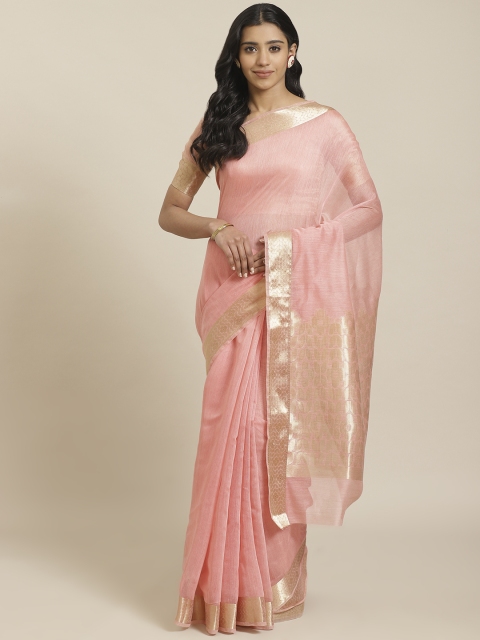 

Mitera Pink Golden Solid Maheshwari Liva Saree