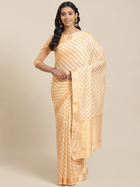 

Mitera Cream-Coloured Golden Printed Maheshwari Liva Saree, Off white