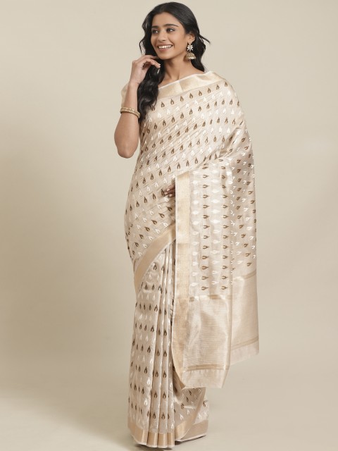 

Mitera Off-White Brown Printed Maheshwari Liva Saree