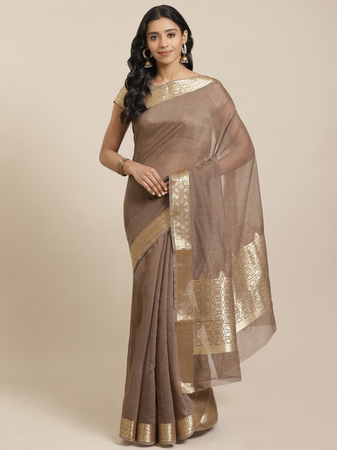 

Mitera Brown & Golden Liva Solid Maheshwari Saree