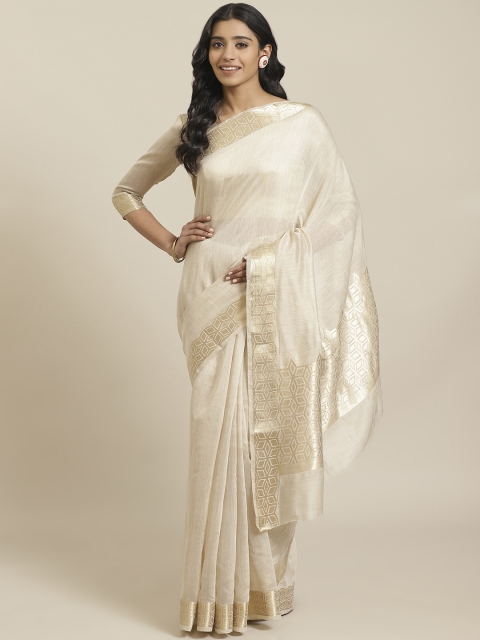

Mitera Off-White Golden Solid Maheshwari Liva Saree