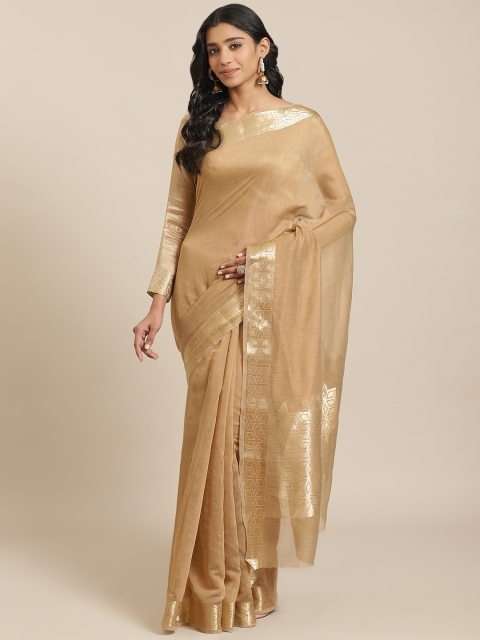 

Mitera Brown & Golden Liva Solid Maheshwari Saree