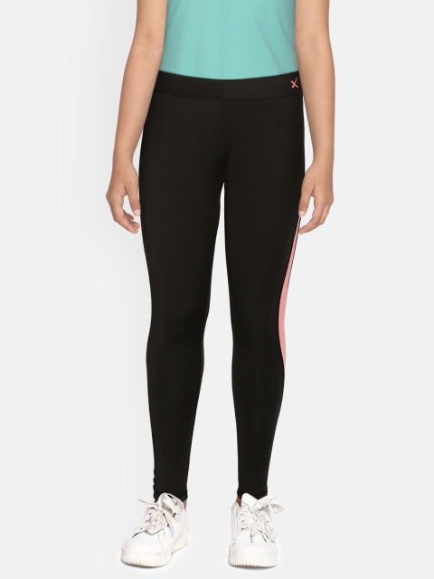 

HRX By Hrithik Roshan U-17 Girls Black Colourblock Regular Fit Lycra Rapid-Dry Antimicrobial Active Tights