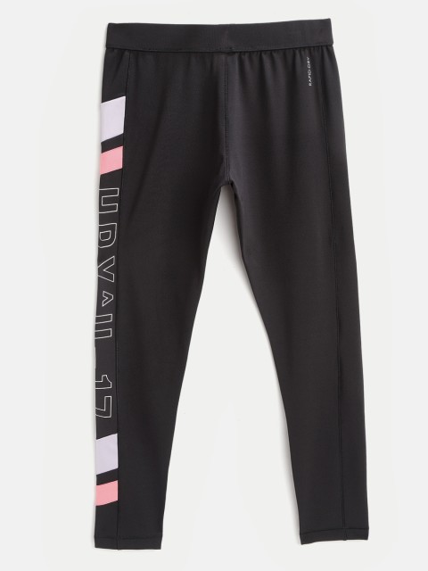 

HRX By Hrithik Roshan U-17 Girls Black Colourblock Regular Fit Lycra Rapid-Dry Antimicrobial Active Tights