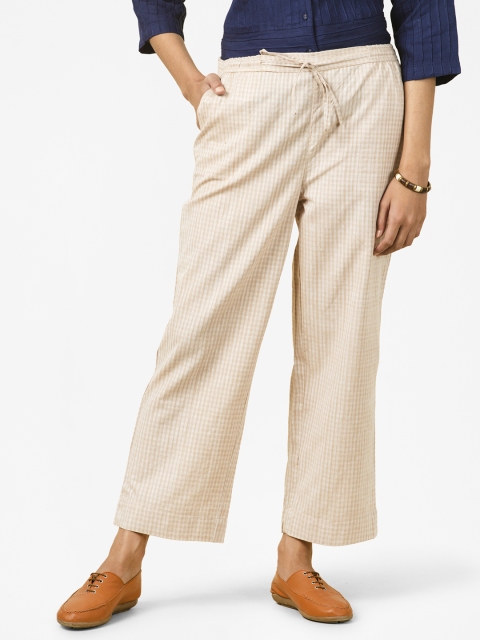 

Fabindia Women Beige Self Checked Pure Cotton Straight Palazzos