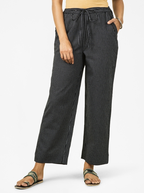 

Fabindia Women Black & White Striped Pure Cotton Straight Palazzos