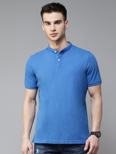 

Blackberrys Men Blue Pure Cotton Solid Mandarin Collar T-shirt