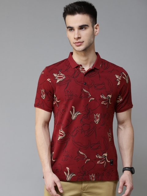 

Blackberrys Men Maroon & Beige Floral Printed Pure Cotton Slim Fit Polo Collar T-shirt