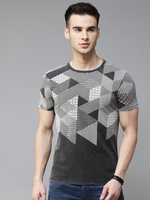 

Blackberrys Men Charcoal Grey & White Slim Fit Pure Cotton Printed Round Neck T-shirt