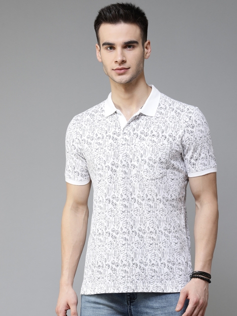 

Blackberrys Men White & Black Printed Pure Cotton Polo Collar T-shirt