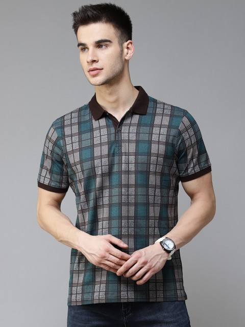 

Blackberrys Men Black & Teal Blue Checked Pure Cotton Polo Collar T-shirt