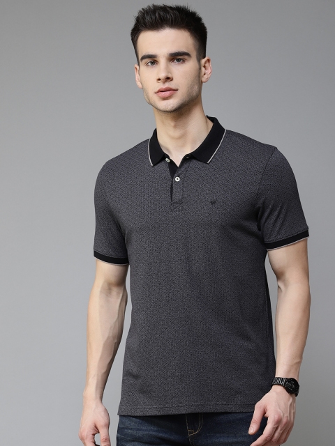 

Blackberrys Men Charcoal Grey Printed Pure Cotton Polo Collar T-shirt