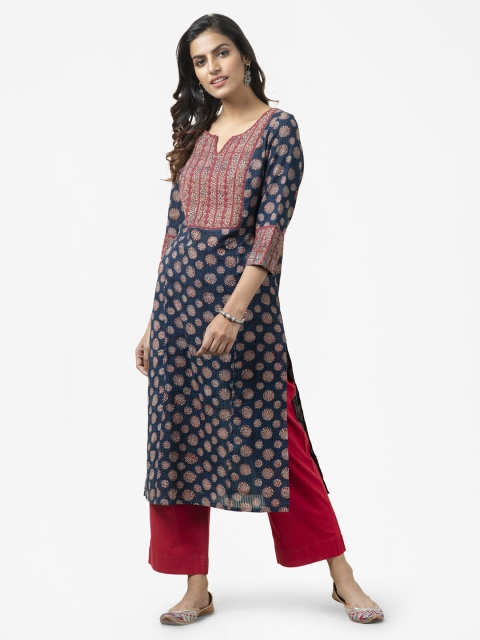 

Fabindia Women Navy Blue & Red Dabu Printed Pure Cotton Straight Kurta