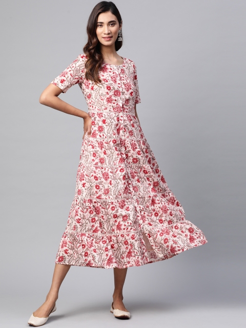 

Fabindia Women White & Red Pure Cotton Printed Tiered A-Line Dress