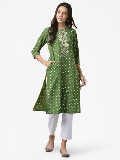 

Fabindia Women Green & Off-White Cotton Hand Embroidery Bandhani Printed Straight Kurta