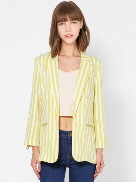 

ONLY Women White & Green Striped Regular Fit Open-Front Casual Blazer