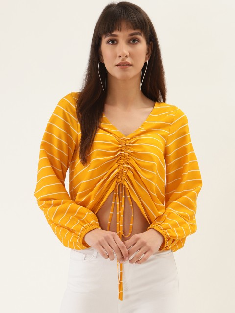 

QUIERO Women Yellow & White Striped Crop Top