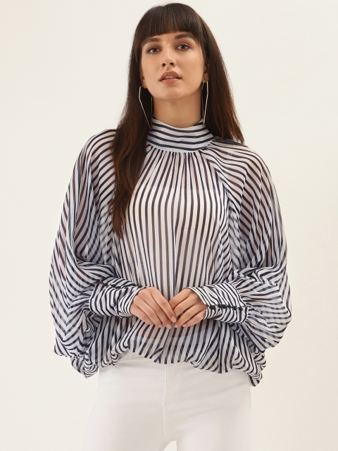 

QUIERO Women White & Navy Blue Striped Top