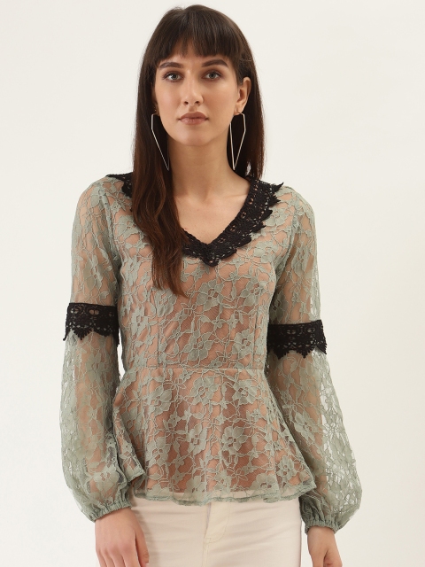 

QUIERO Women Green & Beige Self Design Regular Top