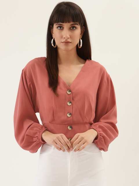 

QUIERO Women Coral Solid Cinched Waist Top