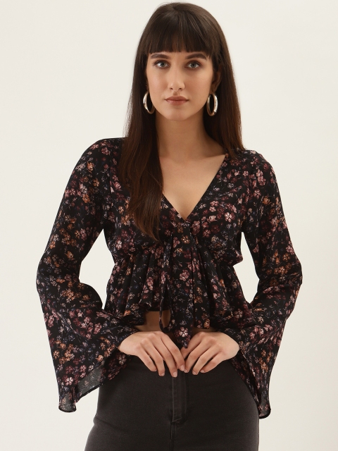 

QUIERO Women Black Floral Printed Crop Top