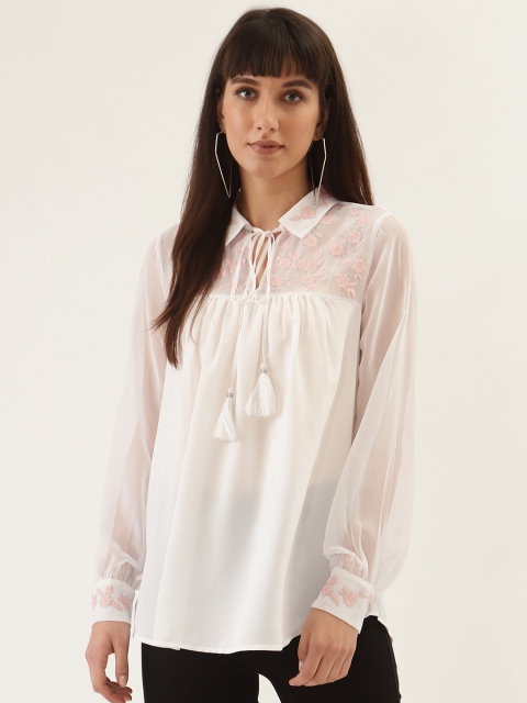 

QUIERO Women White Solid Semi Sheer Shirt Style Top with Embroidered Detail
