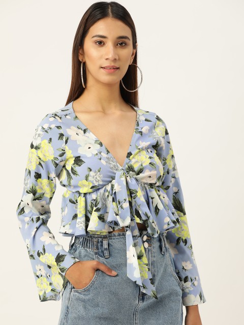 

QUIERO Women Blue & Yellow Floral Print Empire Crop Top