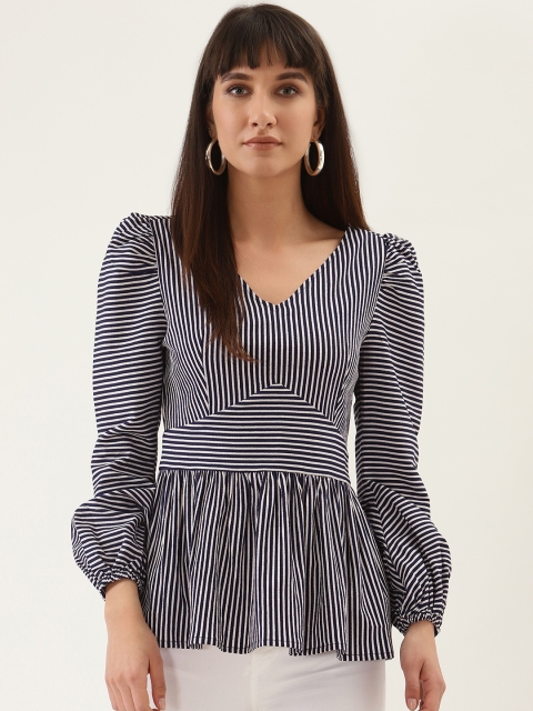 

QUIERO Women Navy Blue & White Striped Peplum Top