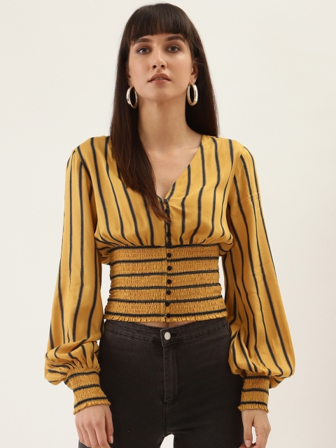

QUIERO Women Mustard Yellow & Black Striped Fitted Top