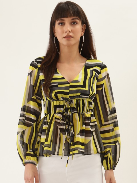 

QUIERO Women Yellow & Black Abstract Printed Cinched Waist Top