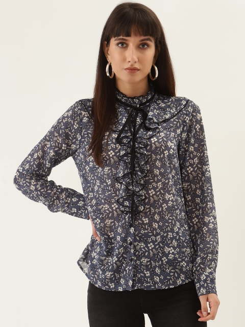 

QUIERO Women Navy Blue & White Regular Fit Printed Casual Shirt