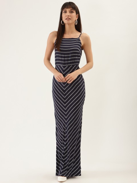 

QUIERO Women Navy Blue & White Chevron Printed Maxi Dress