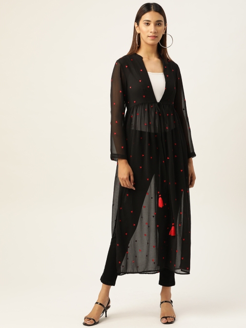 

QUIERO Women Black & Red Heart Embroidered Tie-Up Longline Shrug
