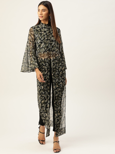 

QUIERO Women Black & Olive Green Abstract Print Button Longline Shrug