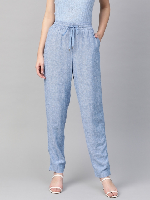 

Marks & Spencer Women Blue Tapered Fit Solid Chambray Peg Trousers